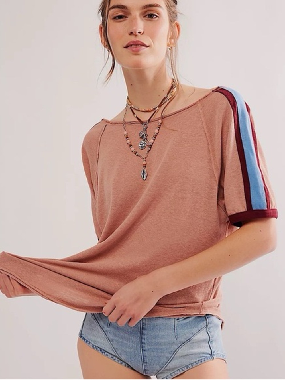 We the free Relaxed Stripe-Detail Short Sleeve Top in Dusty Rose